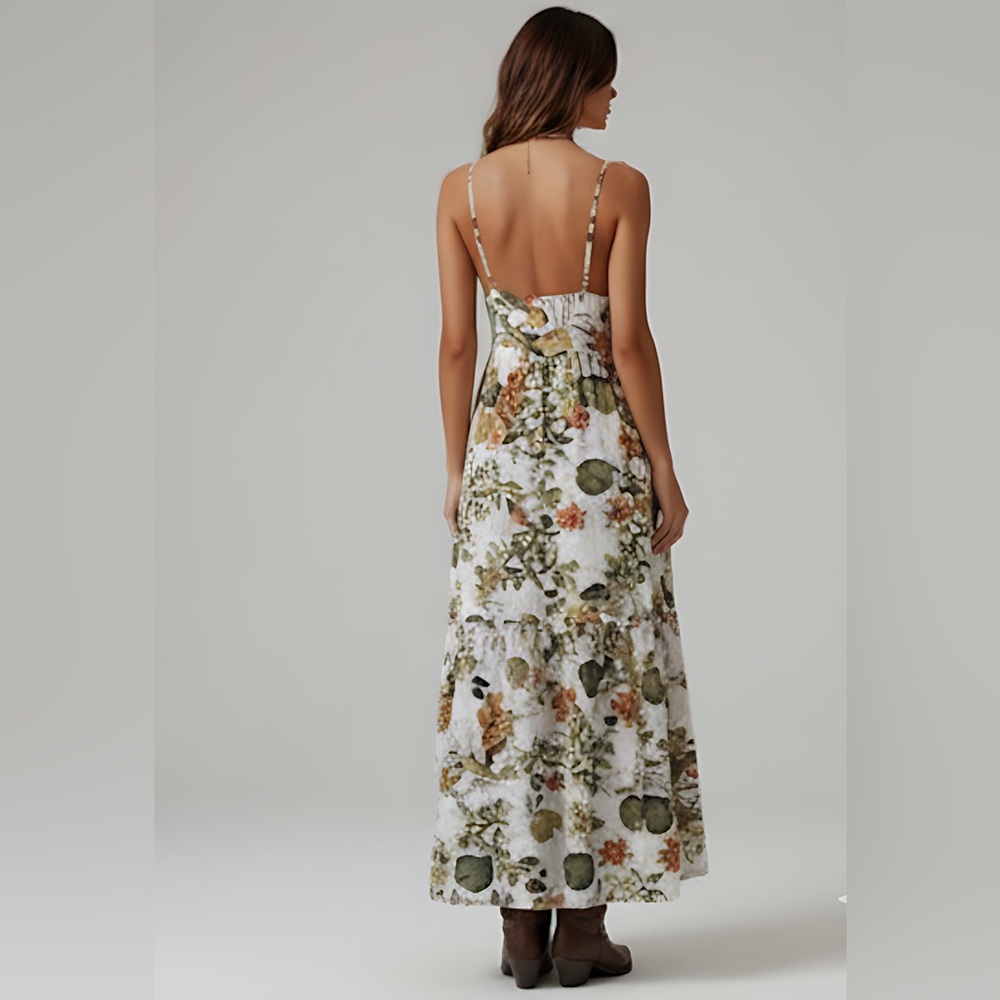 Boho Plant Printed Ruffle Hem Spaghetti Strap Dress Maxi - Picture 4 of 9
